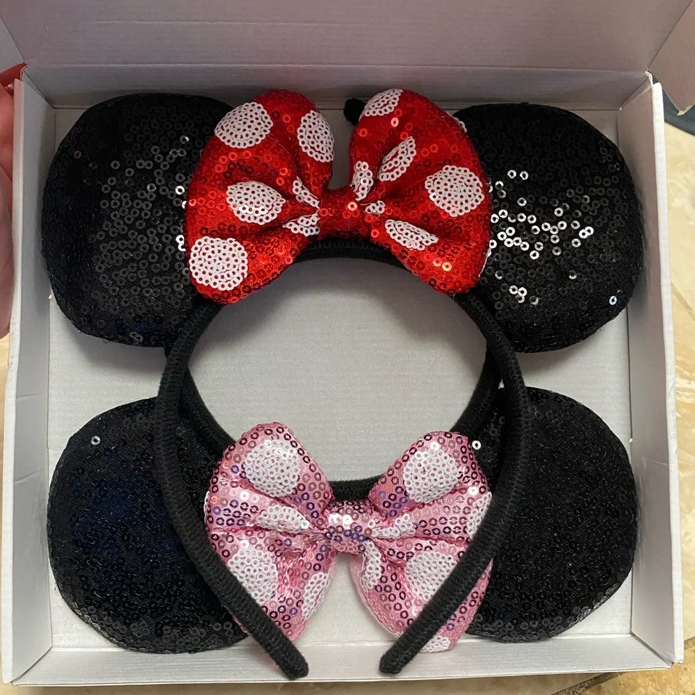 Pair of 2 NEW Pink and Red Polka Dotted Sequins Minnie Mouse Ears